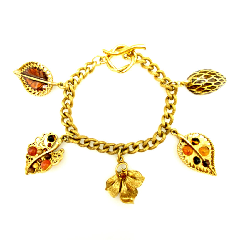 Oscar de la Renta Gold & Brown Leaf Charm Stacking Bracelet - 24 Wishes Vintage Jewelry