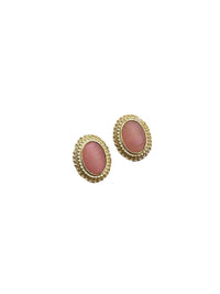 Pink Victorian Revival Oval Glass Cabochon Textured Gold Pierced Earrings - 24 Wishes Vintage Jewelry