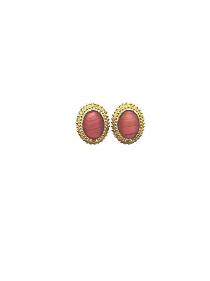 Pink Victorian Revival Oval Glass Cabochon Textured Gold Pierced Earrings - 24 Wishes Vintage Jewelry
