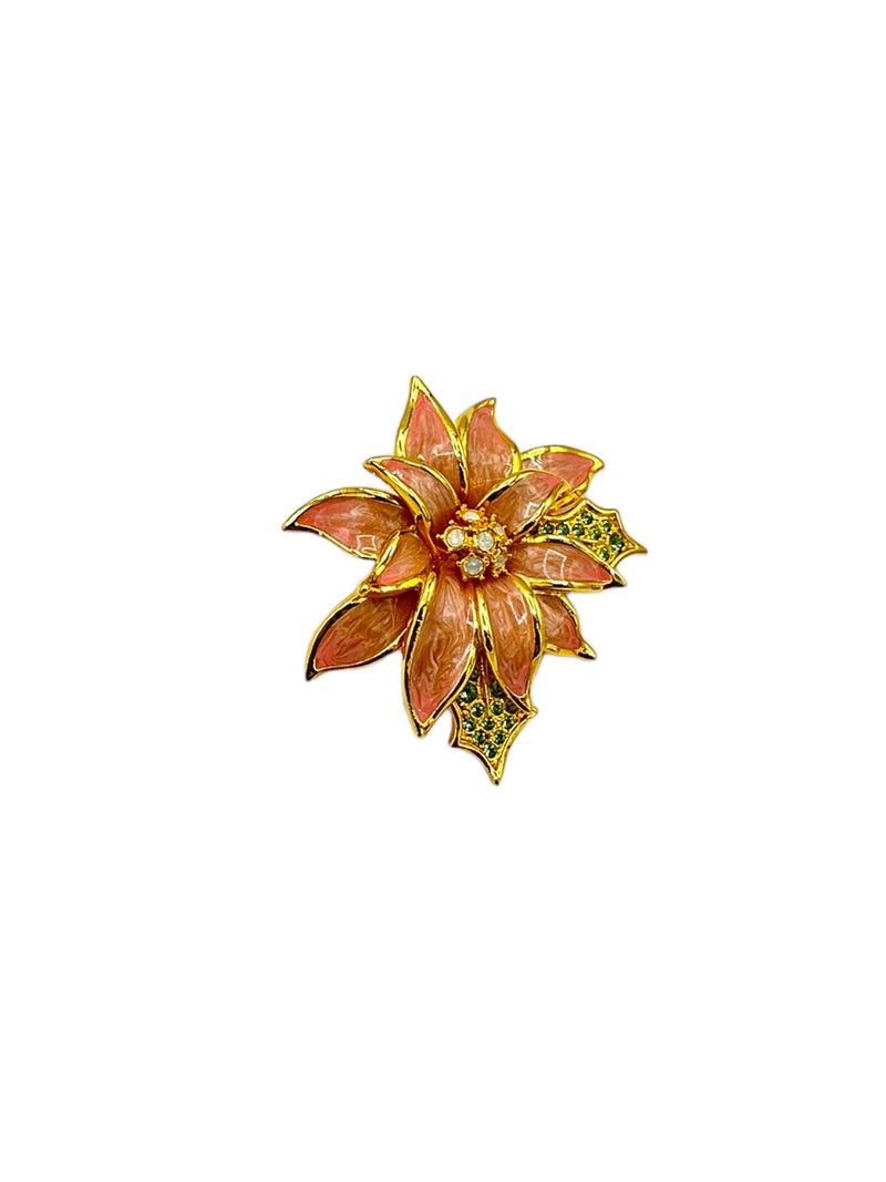 Poinsettia Flower Pink Enamel & Rhinestone Nolan Miller Brooch Pin - 24 Wishes Vintage Jewelry