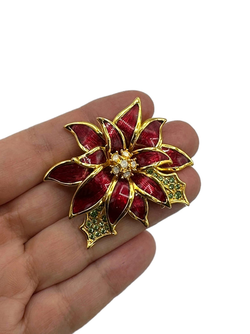 Poinsettia Flower Red Enamel & Rhinestone Nolan Miller Brooch Pin - 24 Wishes Vintage Jewelry