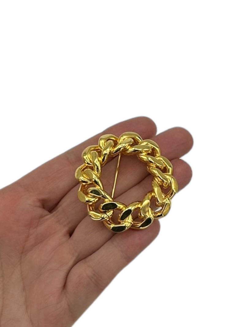 Polished Gold Chain Link Classic Brooch Statement Pin - 24 Wishes Vintage Jewelry