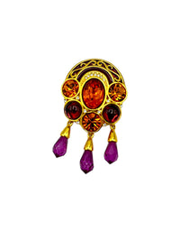 Princess Michaela Von Habsburg MVH Crown Jewel Purple & Citrine Orange Rhinestone Dangle Brooch - 24 Wishes Vintage Jewelry