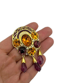 Princess Michaela Von Habsburg MVH Crown Jewel Purple & Citrine Orange Rhinestone Dangle Brooch - 24 Wishes Vintage Jewelry