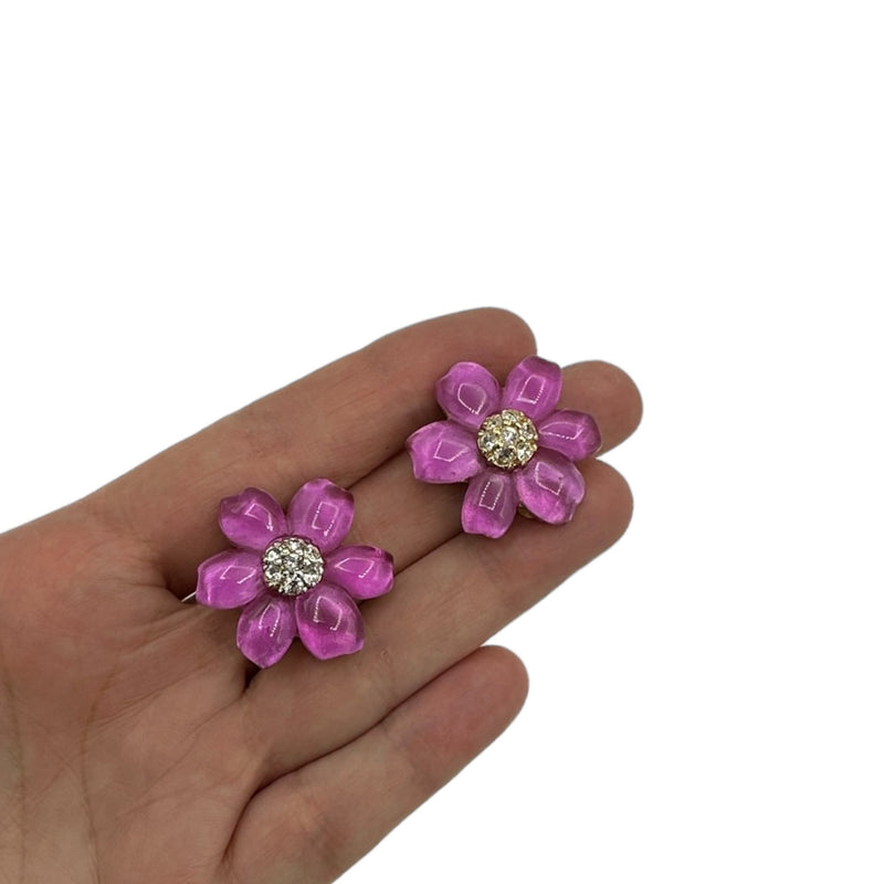 Purple Flower Vintage Earrings Floral Rhinestone Statement Clip-Ons Replica Italy - 24 Wishes Vintage Jewelry