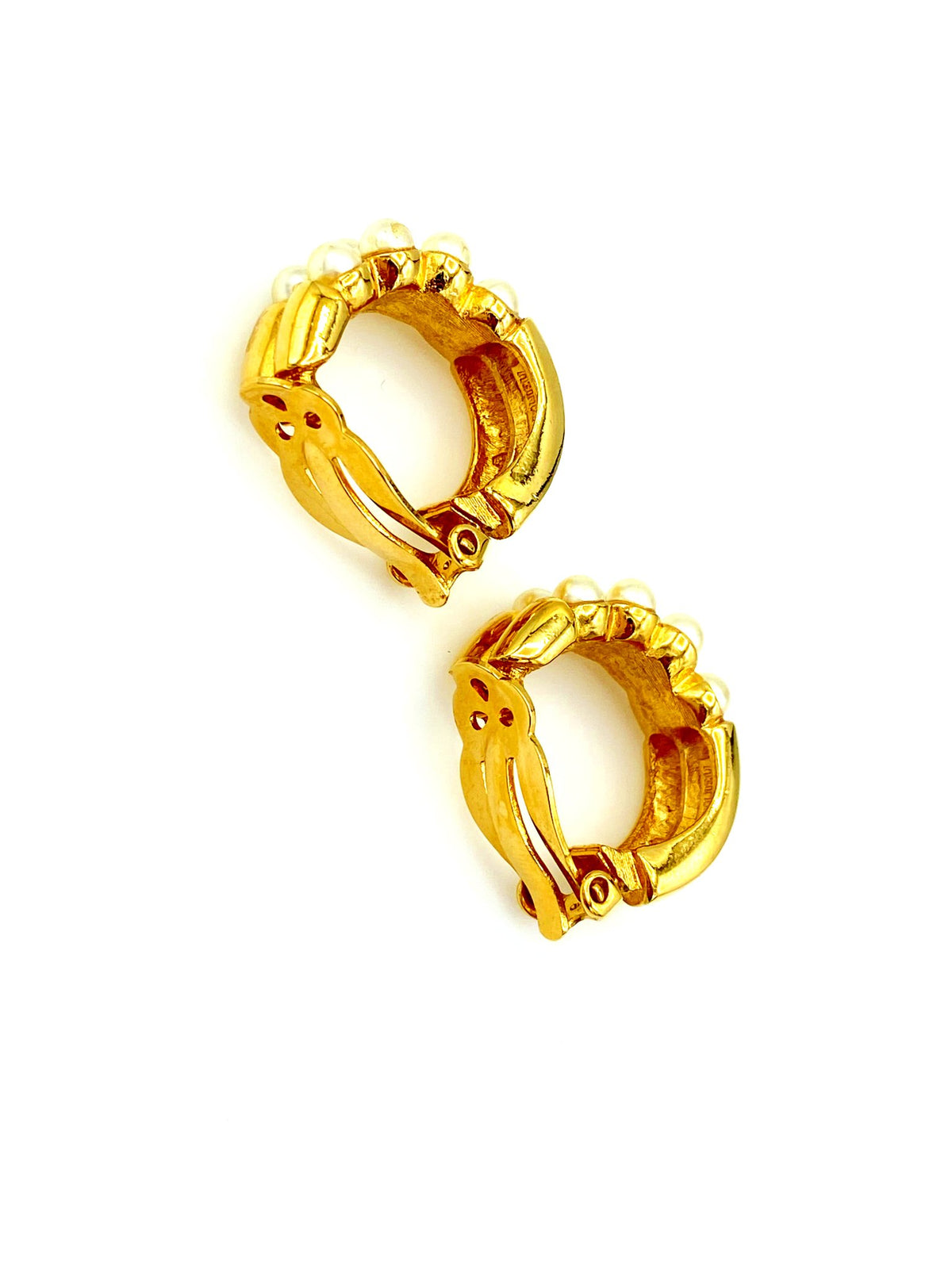Richelieu Gold Double Row Pearl Hoop Vintage Clip-On Earrings - 24 Wishes Vintage Jewelry