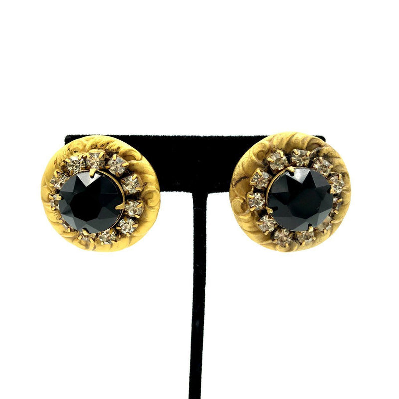 Sadie Green Antiqued Repousse Black Rhinestone Pierced Earrings - 24 Wishes Vintage Jewelry