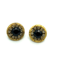 Sadie Green Antiqued Repousse Black Rhinestone Pierced Earrings - 24 Wishes Vintage Jewelry
