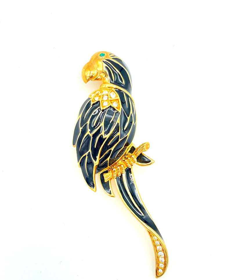 SAL Swarovski Gold Enamel & Crystal Parrot Bird Brooch - 24 Wishes Vintage Jewelry