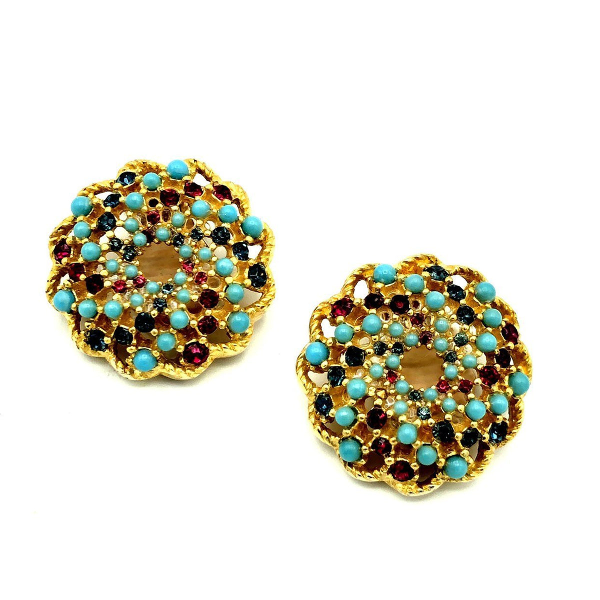 Sarah Coventry Gold Vintage Song of India Turquoise Bead Clip-On Earrings - 24 Wishes Vintage Jewelry