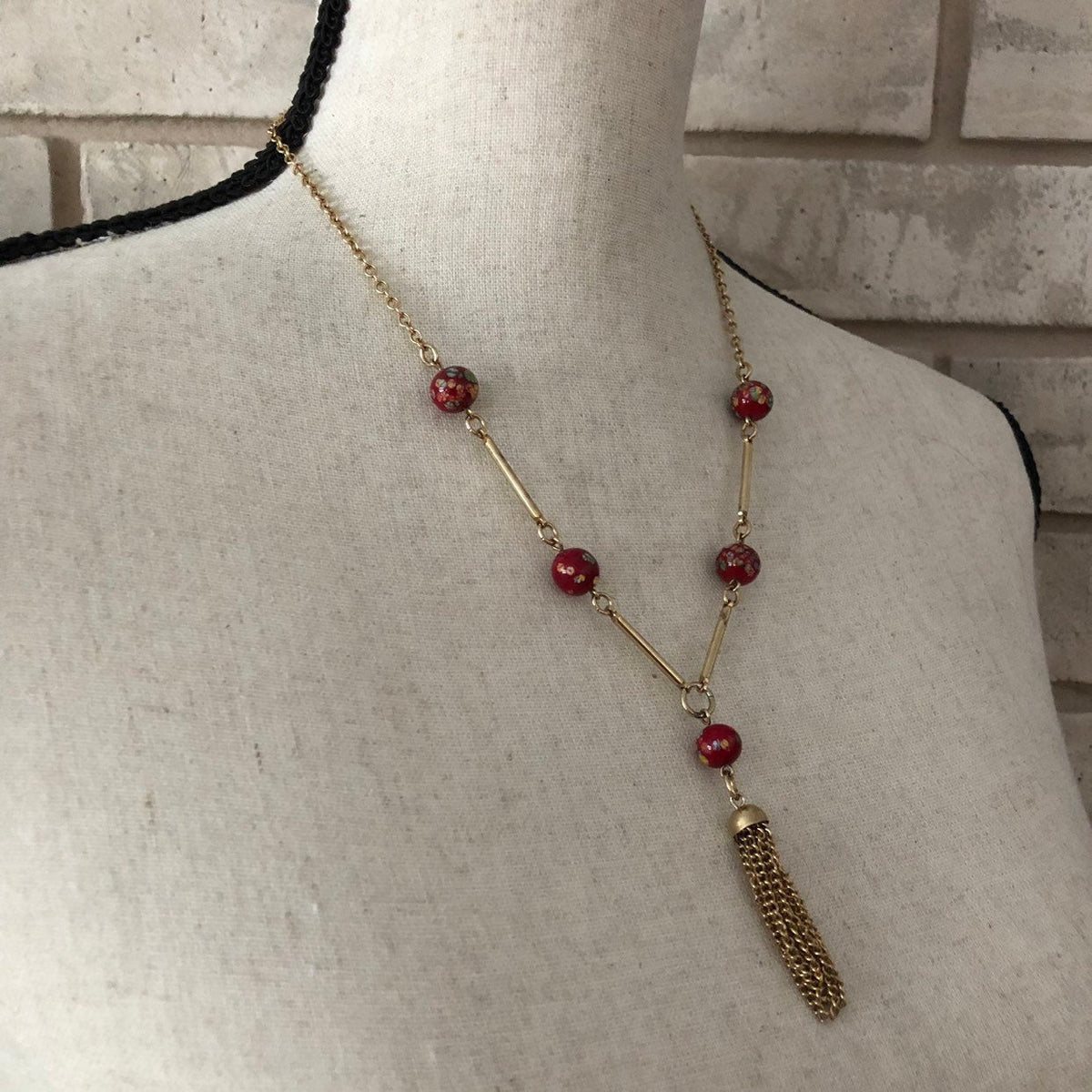 Sarah Coventry Red Art Glass Bead Gold Tassel Vintage Pendant - 24 Wishes Vintage Jewelry