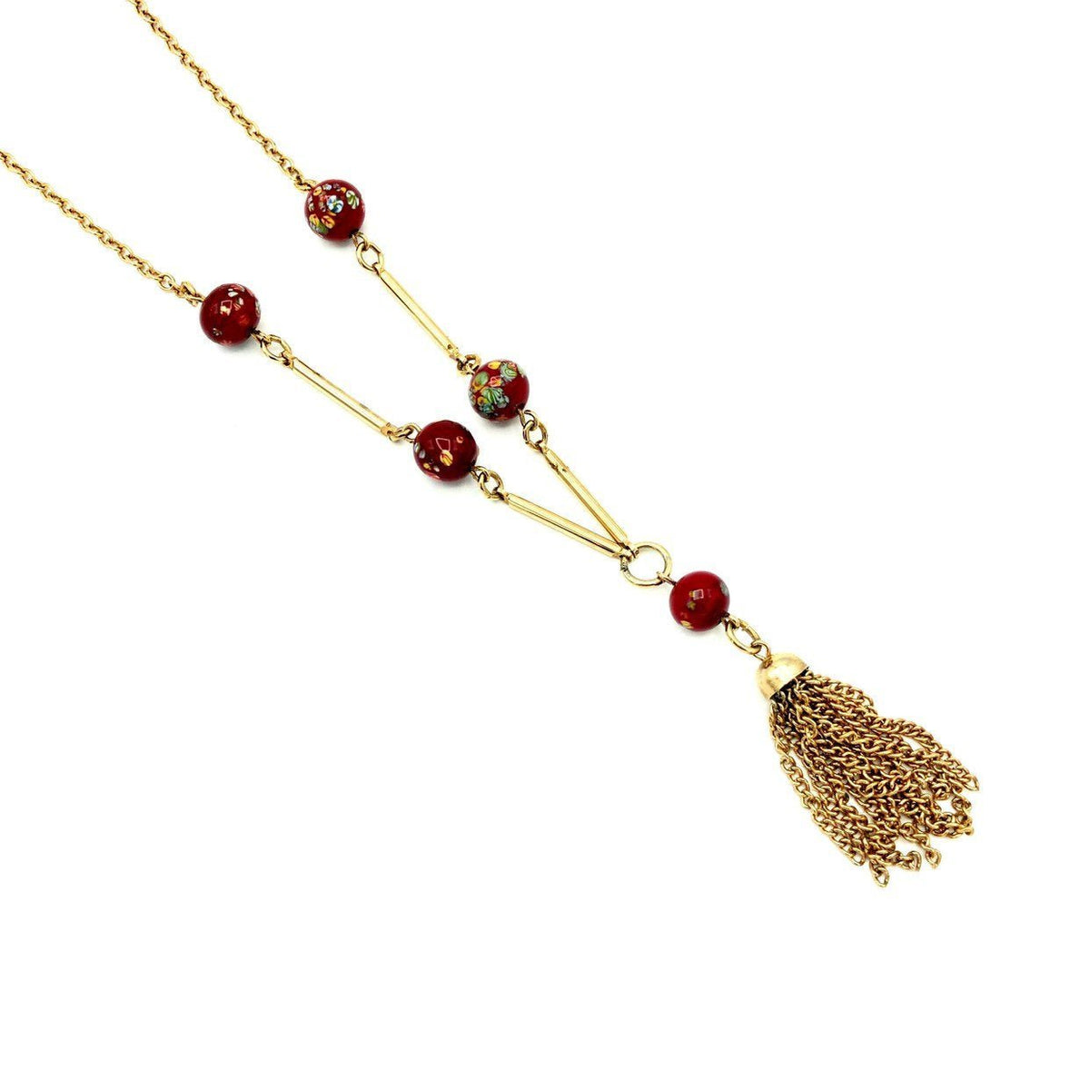 Sarah Coventry Red Art Glass Bead Gold Tassel Vintage Pendant - 24 Wishes Vintage Jewelry