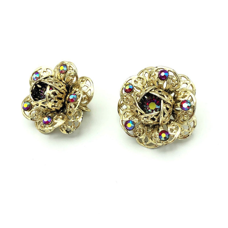 Sarah Coventry Vintage Gold Filigree Flower Clip-On Earrings - 24 Wishes Vintage Jewelry