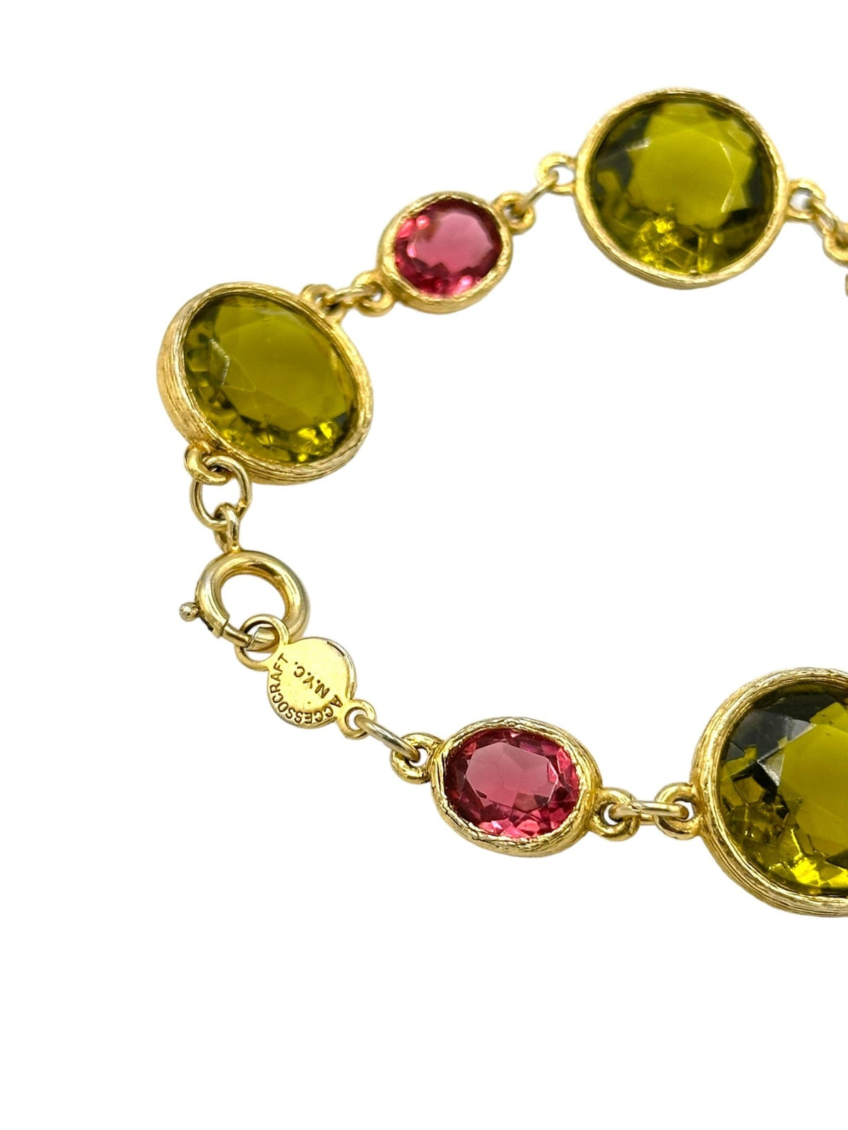 Signed Accessocraft Faceted Green & Pink Bezel Set Link Bracelet - 24 Wishes Vintage Jewelry