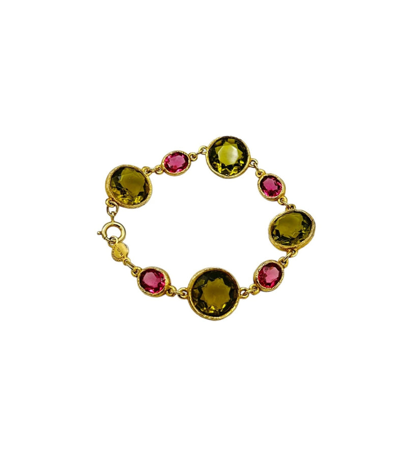 Signed Accessocraft Faceted Green & Pink Bezel Set Link Bracelet - 24 Wishes Vintage Jewelry