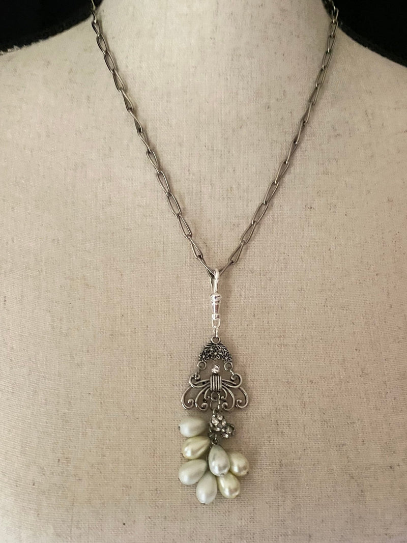 Silver Art Deco Pearl & Rhinestone Charm - 24 Wishes Vintage Jewelry