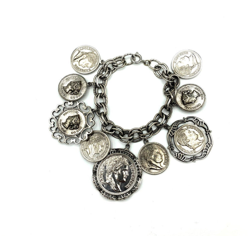 Silver Coin Medallion Vintage Charm Bracelet - 24 Wishes Vintage Jewelry
