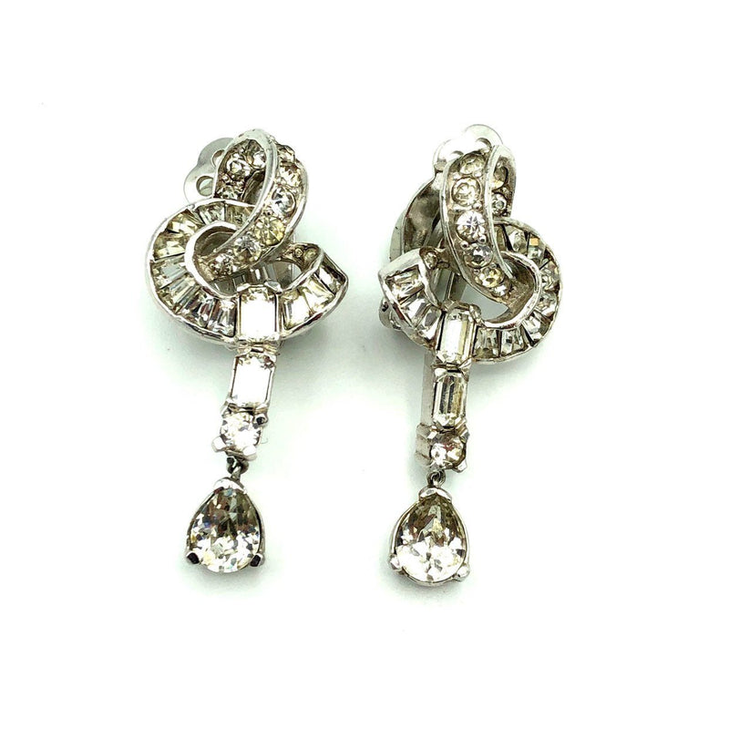 Silver Diamante Rhinestone Dangle Vintage Clip-On Earrings - 24 Wishes Vintage Jewelry