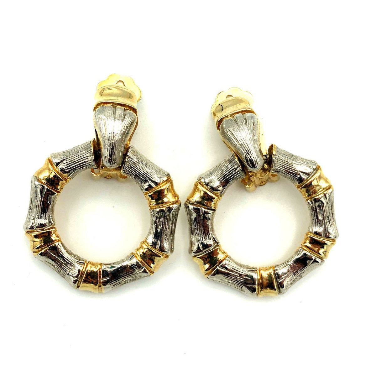 Silver & Gold Bamboo Door Knocker Vintage Clip-On Earrings - 24 Wishes Vintage Jewelry