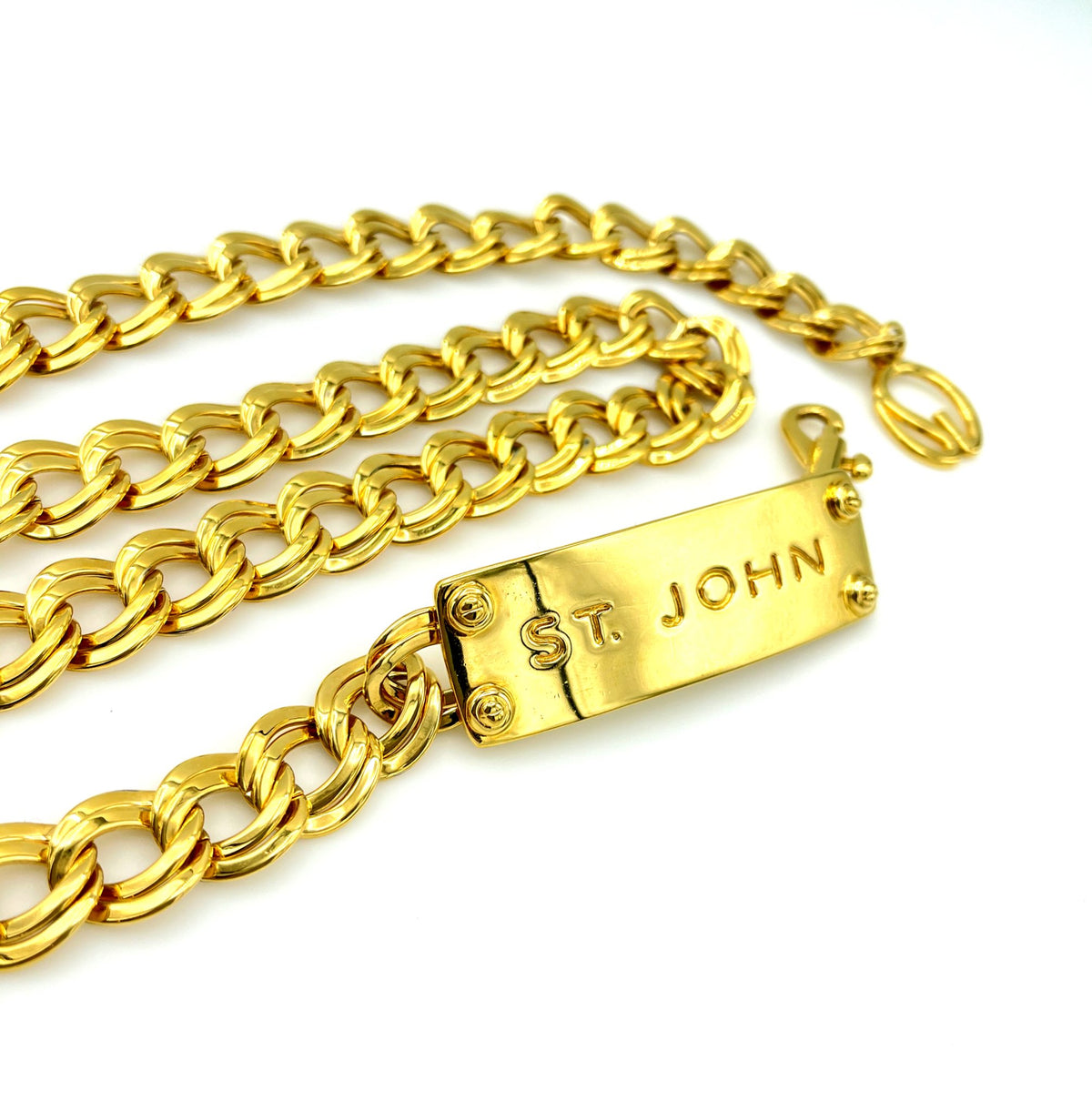 St. John Gold Curb Chain Logo Vintage Belt - 24 Wishes Vintage Jewelry