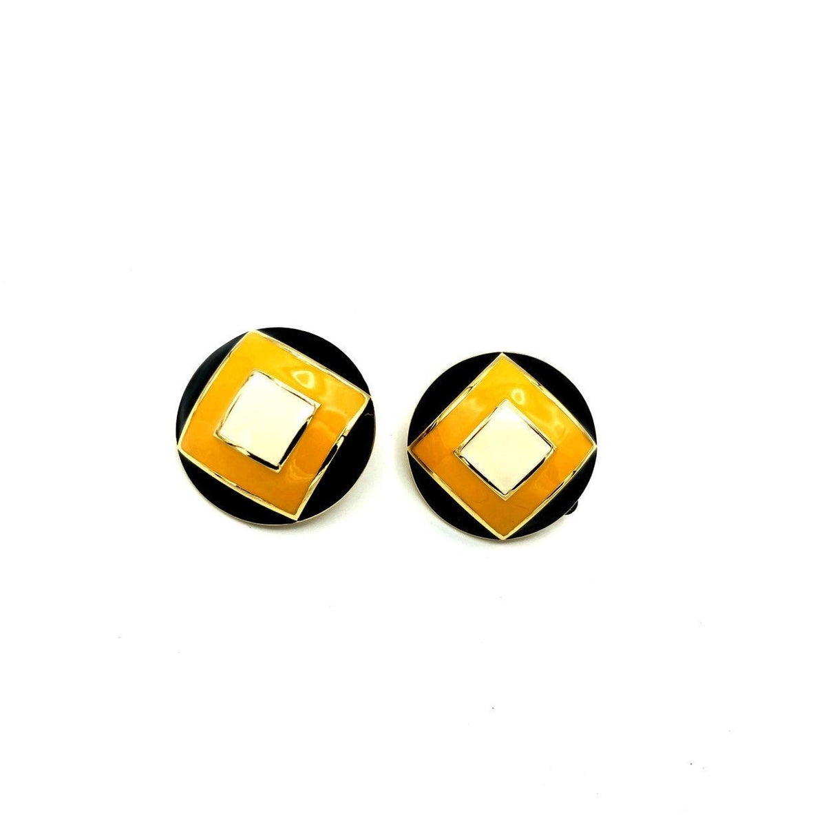 St. John Round Geometric Yellow & Black Enamel Clip-On Earrings - 24 Wishes Vintage Jewelry