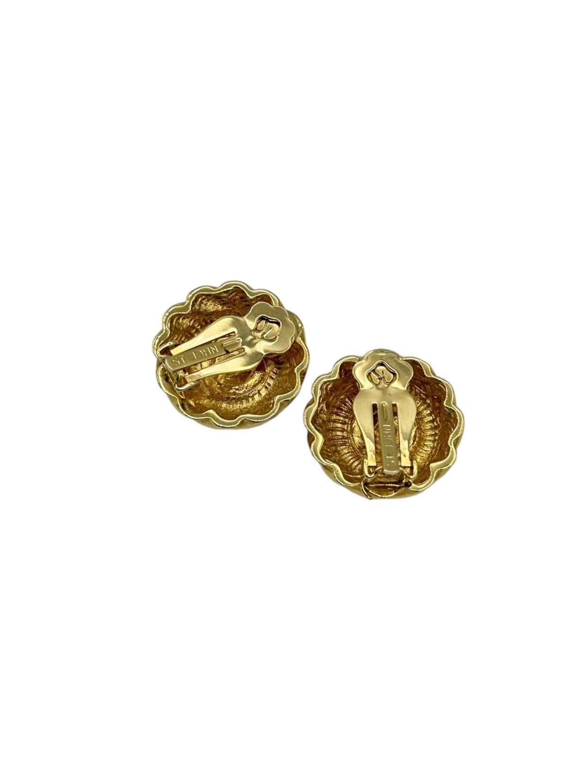 St. John Vintage Jewelry Gold Round Black Enamel Logo Clip-on Earrings - 24 Wishes Vintage Jewelry
