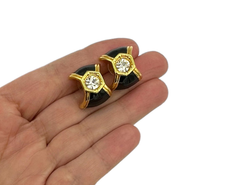 Swarovski Classic Black Enamel Clear Rhinestone Pierced Hoop Earrings - 24 Wishes Vintage Jewelry