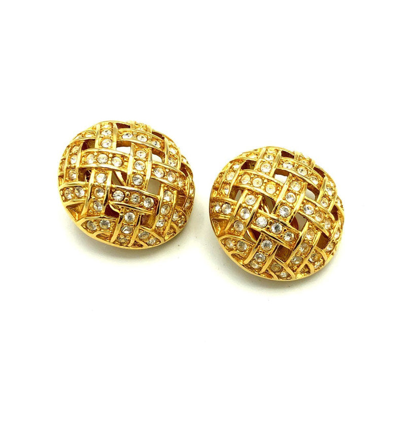 Swarovski Gold Circle Basket Weave Vintage Clip-On Earrings - 24 Wishes Vintage Jewelry
