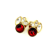Swarovski Gold Clear Marquise Crystals & Red Cabochon Clip-On Earrings - 24 Wishes Vintage Jewelry
