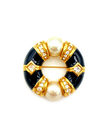 Swarovski Gold Rhinestone Pearl & Black Enamel Circle Brooch - 24 Wishes Vintage Jewelry
