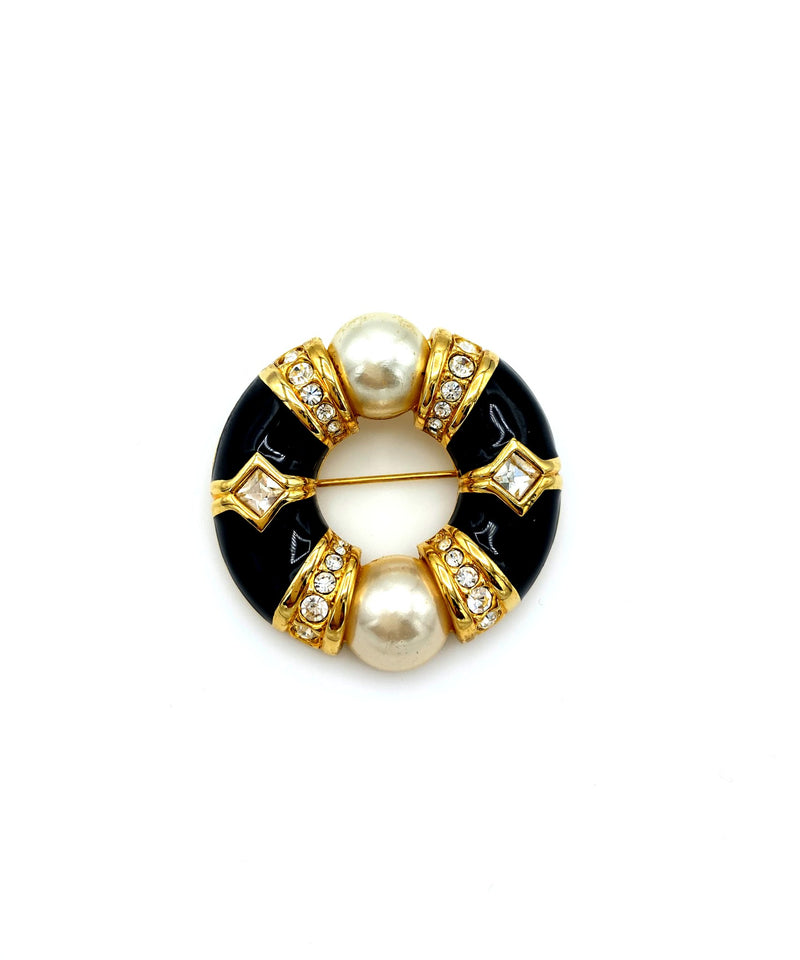 Swarovski Gold Rhinestone Pearl & Black Enamel Circle Brooch - 24 Wishes Vintage Jewelry