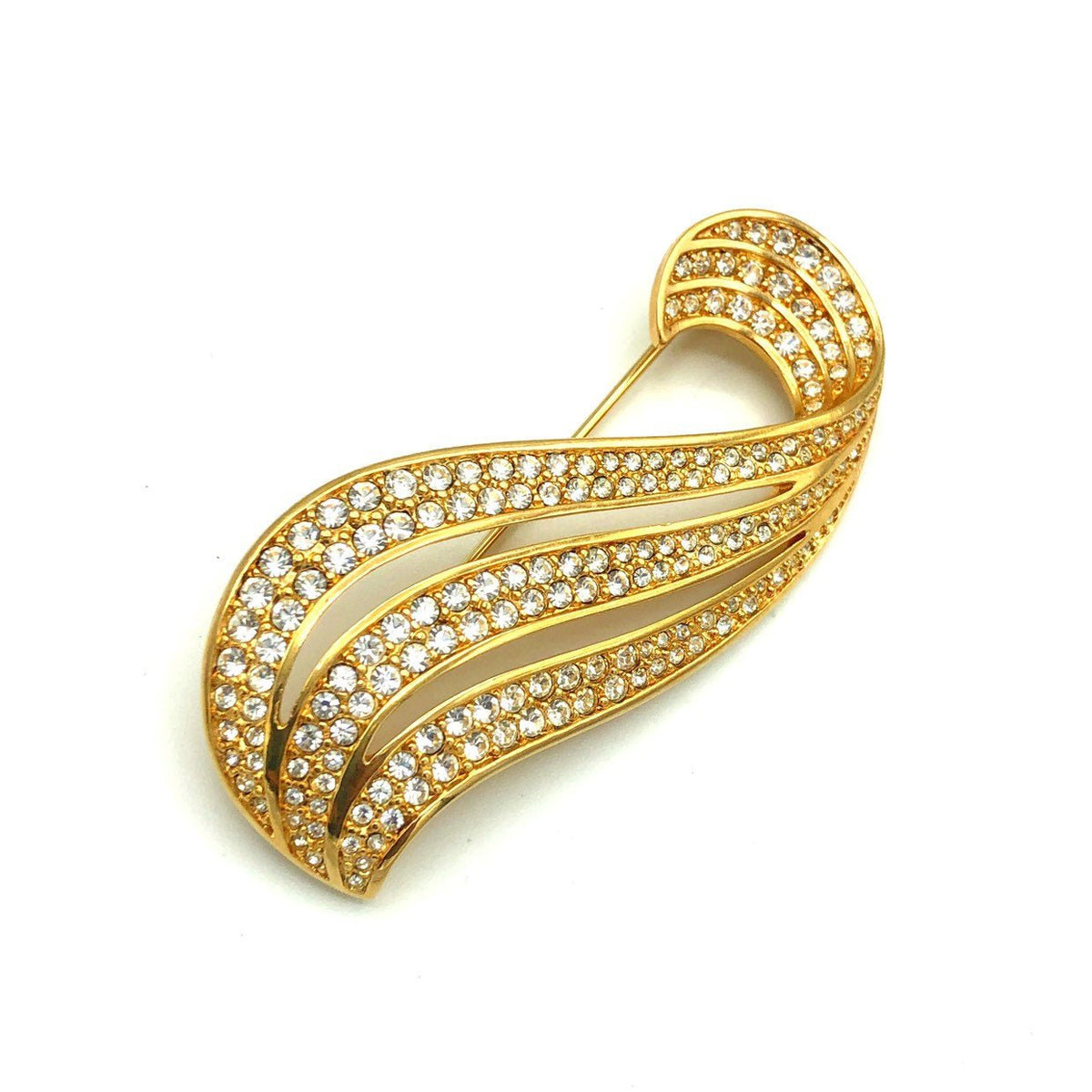 Swarovski Gold Swirl Wave Diamante Crystal Brooch - 24 Wishes Vintage Jewelry