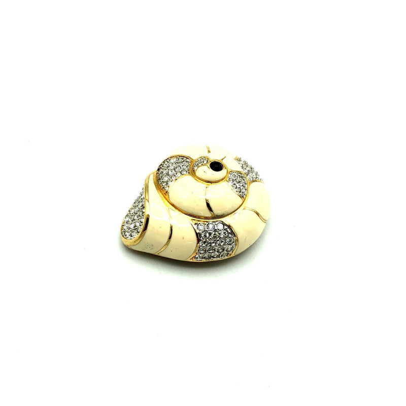 Swarovski Ivory White Enamel Sea Shell Rhinestone Vintage Brooch - 24 Wishes Vintage Jewelry