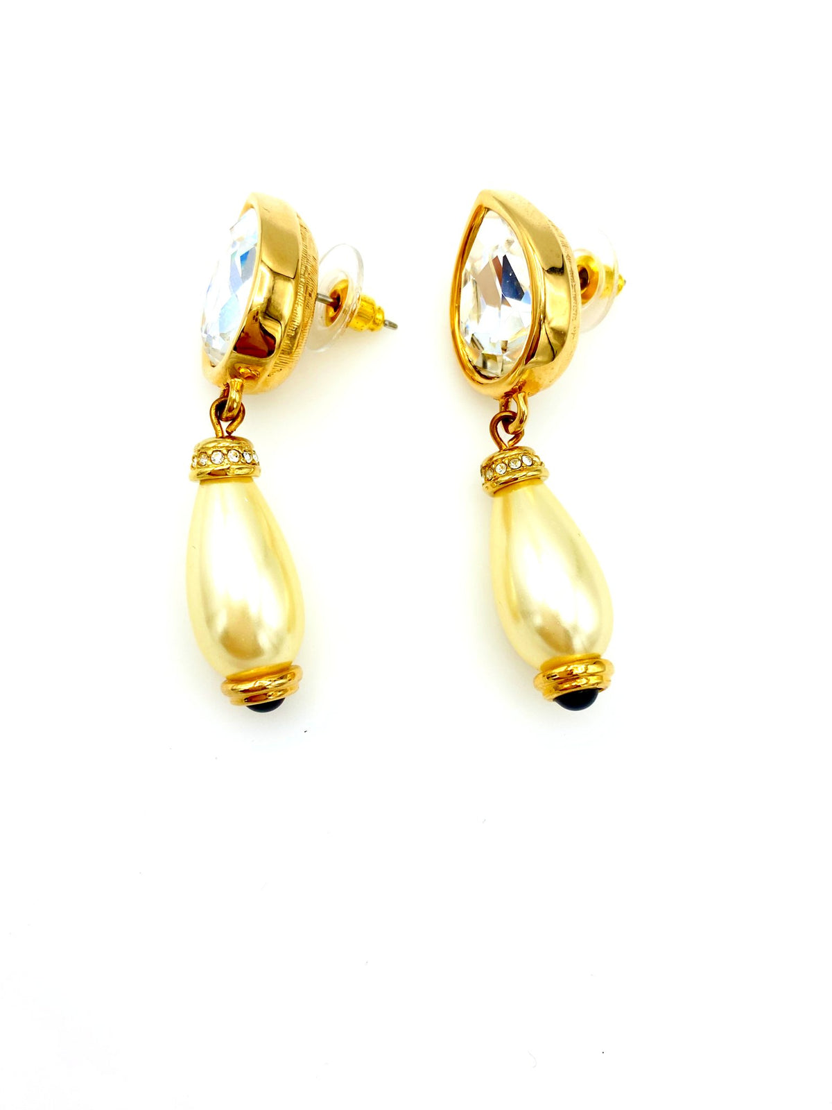 Swarovski Teardrop Crystal & Pearl Dangle Vintage Gold Earrings - 24 Wishes Vintage Jewelry