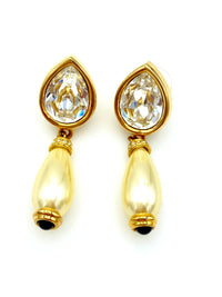 Swarovski Teardrop Crystal & Pearl Dangle Vintage Gold Earrings - 24 Wishes Vintage Jewelry
