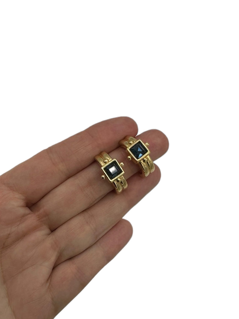 Swarovski Vintage Jewelry Blue Crystal Rhinestone Etruscan Pierced Gold Hoop Earrings - 24 Wishes Vintage Jewelry
