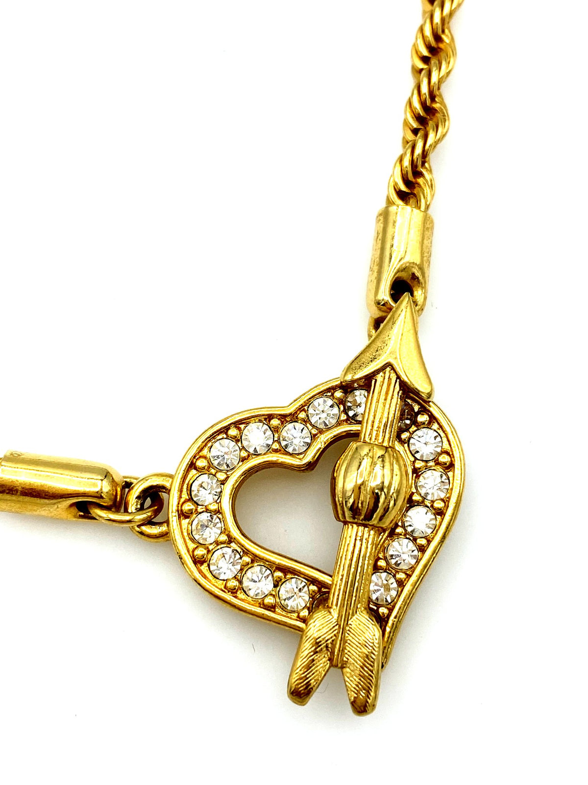 Swarovski White Crystal Open Heart Pendant Gold Rope Chain Necklace - 24 Wishes Vintage Jewelry