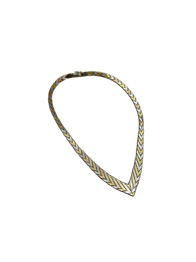 Tricolor Sterling Silver Vermeil Chevon Riccio Necklace Italy - 24 Wishes Vintage Jewelry