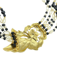 Trifari Black Onyx & Pearls Enamel Flower Vintage Pendant - 24 Wishes Vintage Jewelry