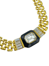 Trifari Gold Link Necklace with Large Black Enamel Medallion Pendant - 24 Wishes Vintage Jewelry