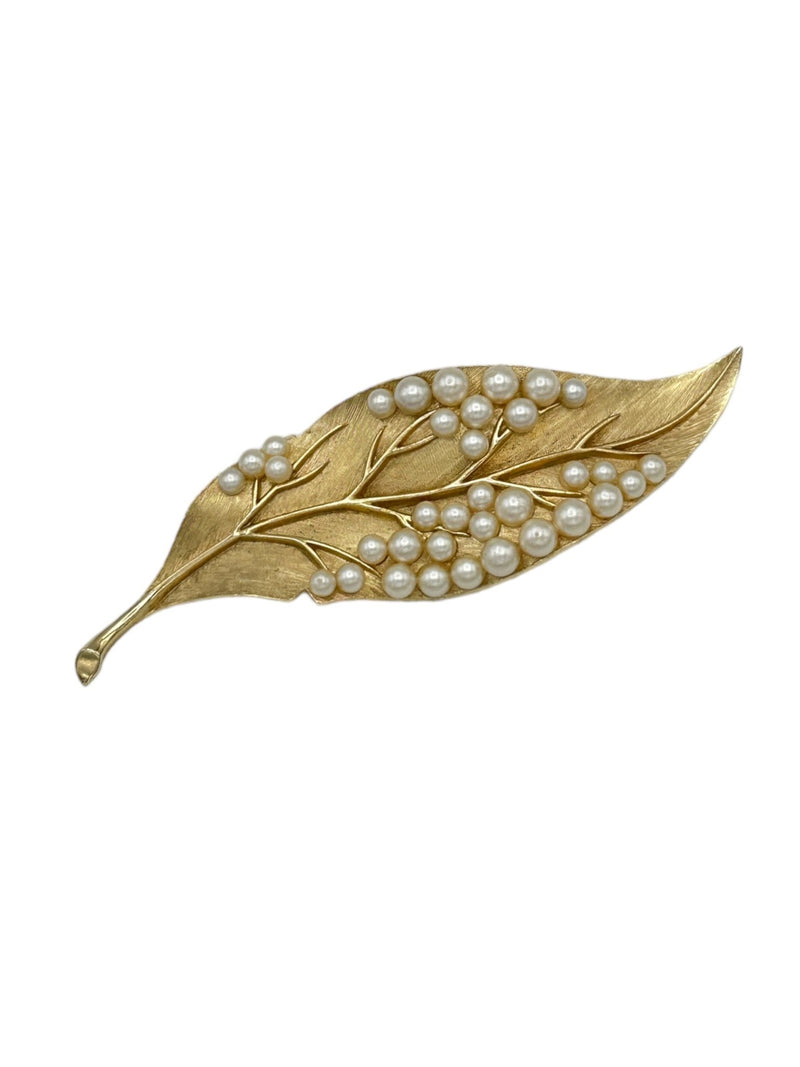 Trifari Gold Pearl Leaf Vintage Brooch - 24 Wishes Vintage Jewelry