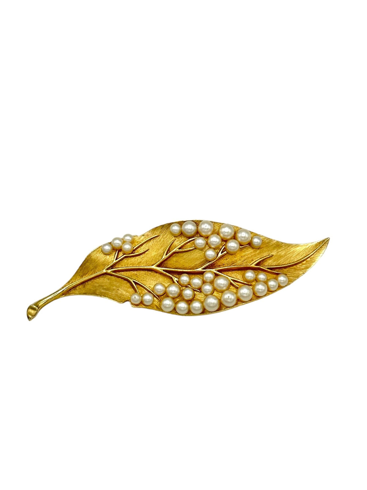 Trifari Gold Pearl Leaf Vintage Brooch - 24 Wishes Vintage Jewelry