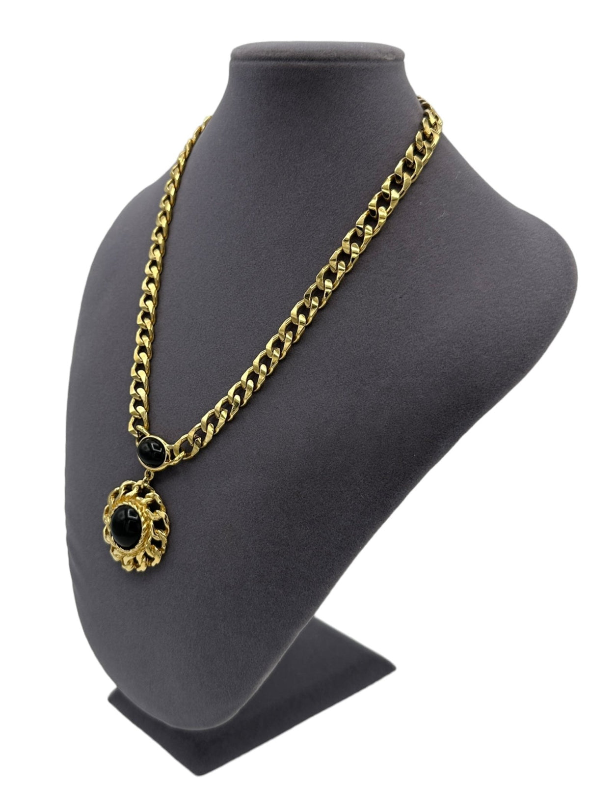 Trifari Jewelry Gold Curb Chain Necklace Classic Black Cabochon Pendant - 24 Wishes Vintage Jewelry