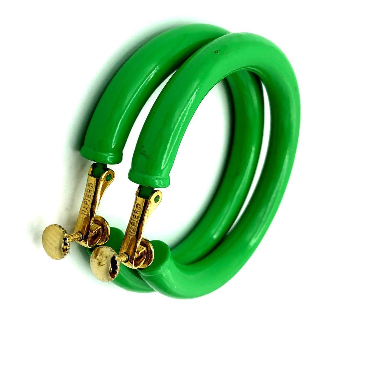 Trifari Large Green Hoop Vintage Clip-On Earrings - 24 Wishes Vintage Jewelry