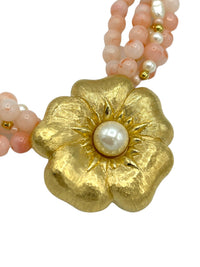 Trifari Pink Coral & Pearl Gold Flower Vintage Pendant - 24 Wishes Vintage Jewelry