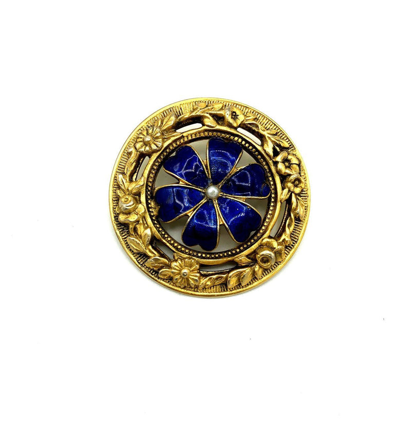 Victorian Revival Blue Enamel Flower Brooch by Freirich - 24 Wishes Vintage Jewelry