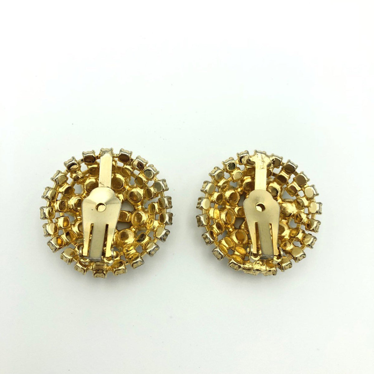 Vintage Aurora Borealis Rhinestone Round Medallion Clip-On Earrings - 24 Wishes Vintage Jewelry