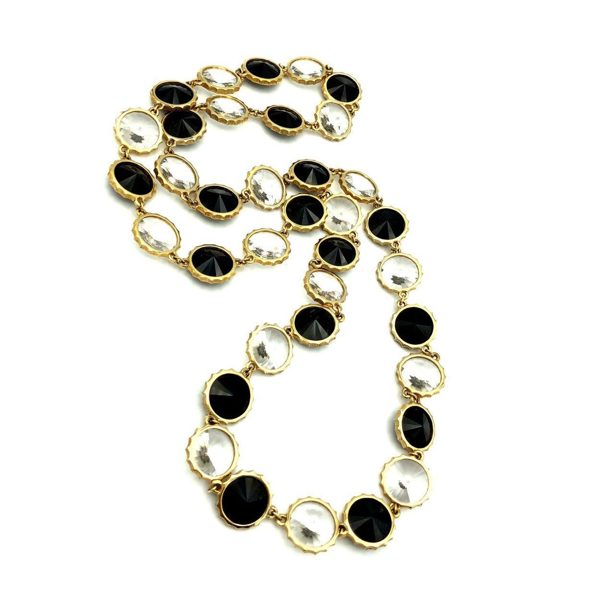 Vintage Black & White Chaton Faceted Rivoli Long Necklace - 24 Wishes Vintage Jewelry