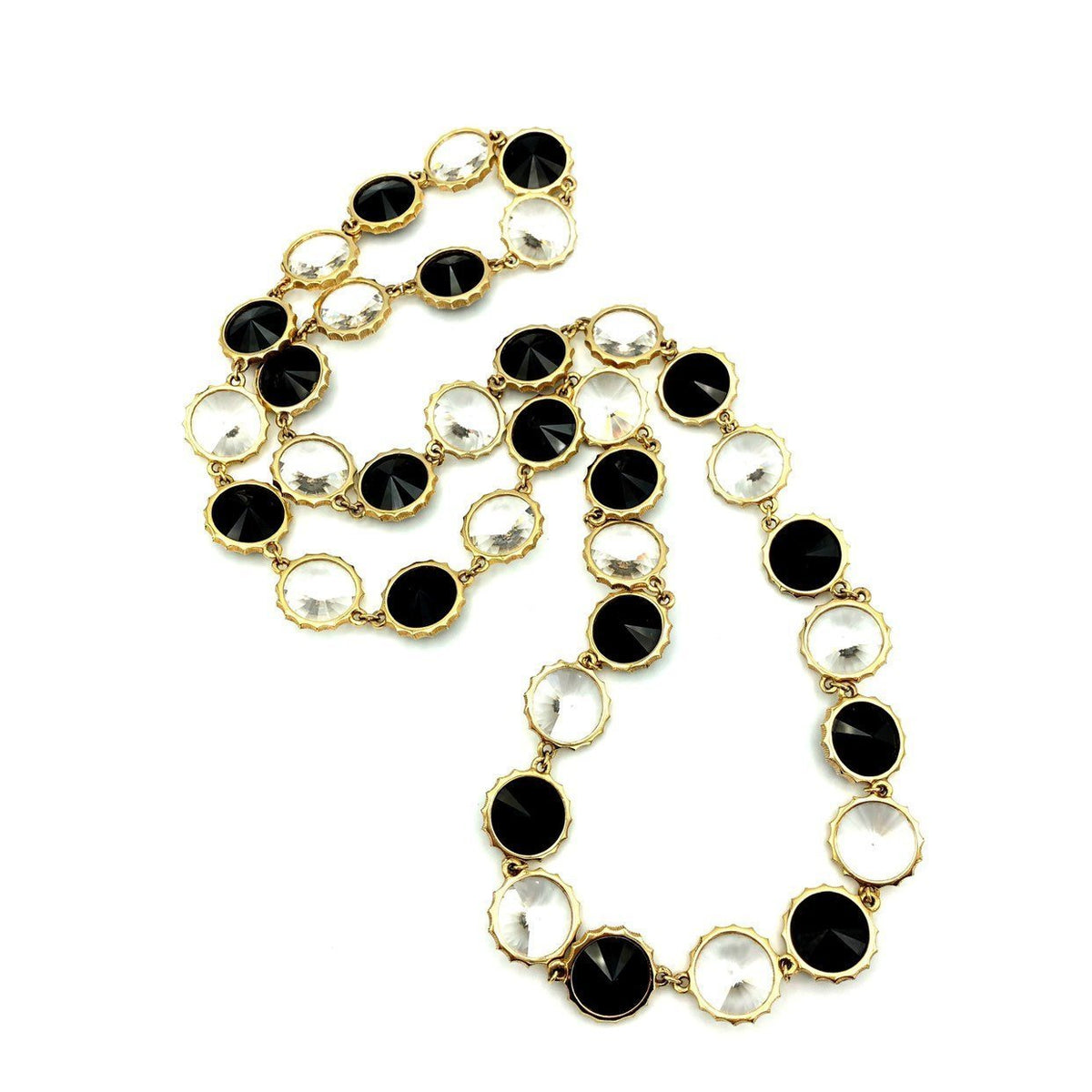 Vintage Black & White Chaton Faceted Rivoli Long Necklace - 24 Wishes Vintage Jewelry