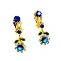 Vintage Blue Flower Rhinestone Dangle Clip-On Earrings - 24 Wishes Vintage Jewelry